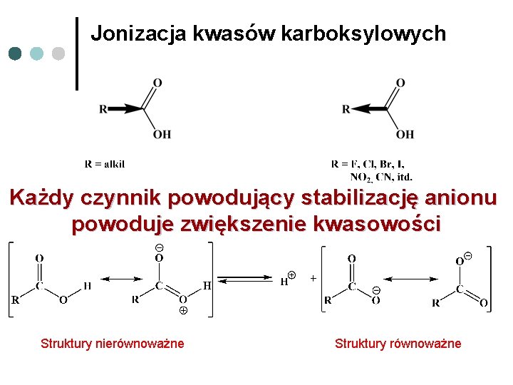 Jonizacja kwasów karboksylowych Każdy czynnik powodujący stabilizację anionu powoduje zwiększenie kwasowości Struktury nierównoważne Struktury