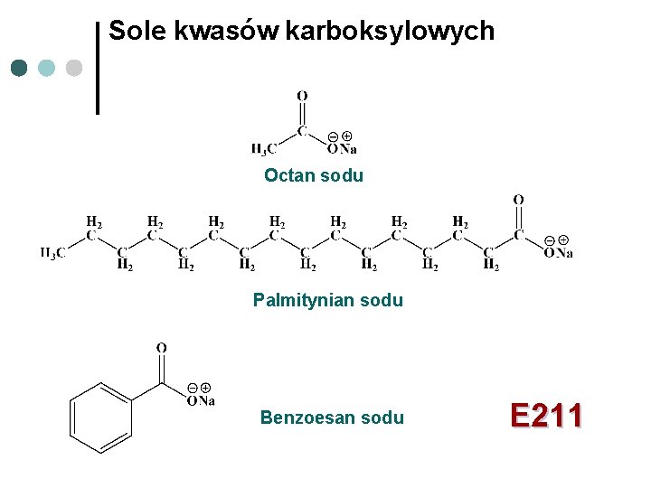 Sole kwasów karboksylowych Octan sodu Palmitynian sodu Benzoesan sodu E 211 