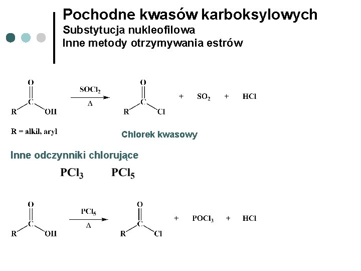 Pochodne kwasów karboksylowych Substytucja nukleofilowa Inne metody otrzymywania estrów Chlorek kwasowy Inne odczynniki chlorujące
