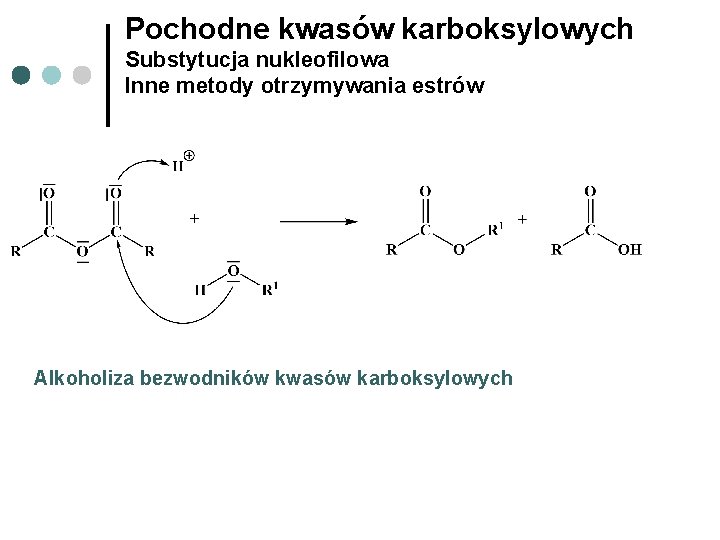 Pochodne kwasów karboksylowych Substytucja nukleofilowa Inne metody otrzymywania estrów Alkoholiza bezwodników kwasów karboksylowych 