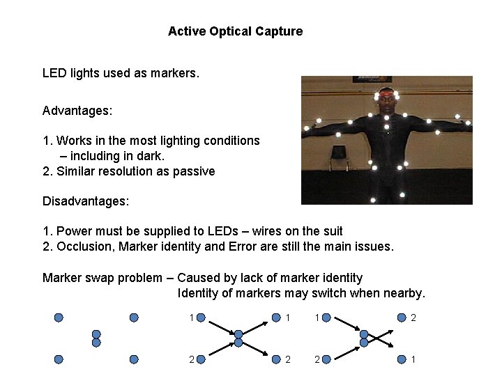 Active Optical Capture LED lights used as markers. Advantages: 1. Works in the most
