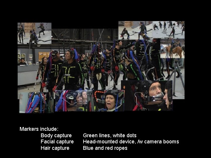Markers include: Body capture Facial capture Hair capture Green lines, white dots Head-mounted device,