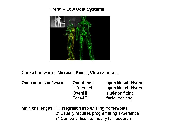 Trend – Low Cost Systems Cheap hardware: Microsoft Kinect, Web cameras. Open source software: