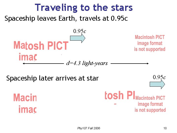 Traveling to the stars Spaceship leaves Earth, travels at 0. 95 c d=4. 3