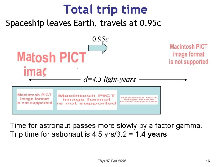 Total trip time Spaceship leaves Earth, travels at 0. 95 c d=4. 3 light-years