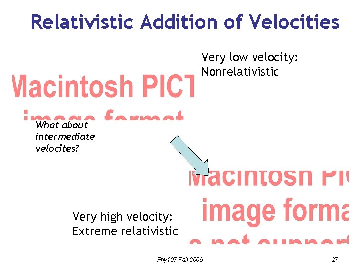 Relativistic Addition of Velocities Very low velocity: Nonrelativistic What about intermediate velocites? Very high