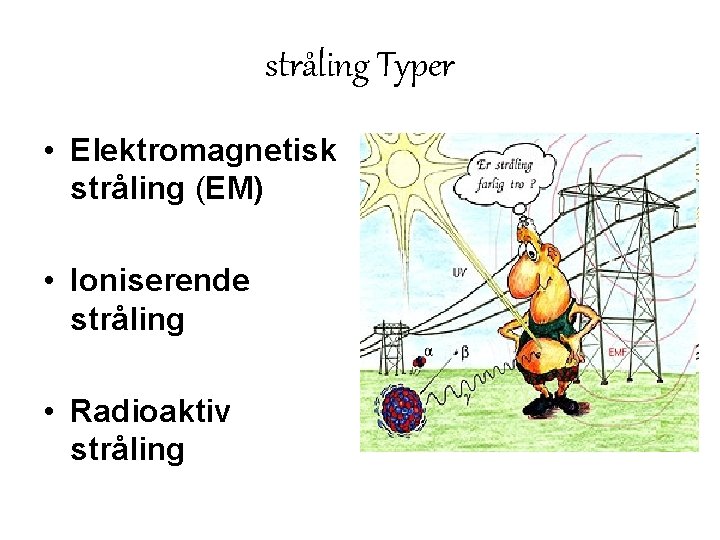 stråling Typer • Elektromagnetisk stråling (EM) • Ioniserende stråling • Radioaktiv stråling 