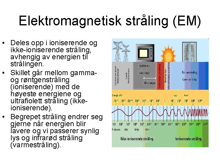 Elektromagnetisk stråling (EM) • Deles opp i ioniserende og ikke-ioniserende stråling, avhengig av energien