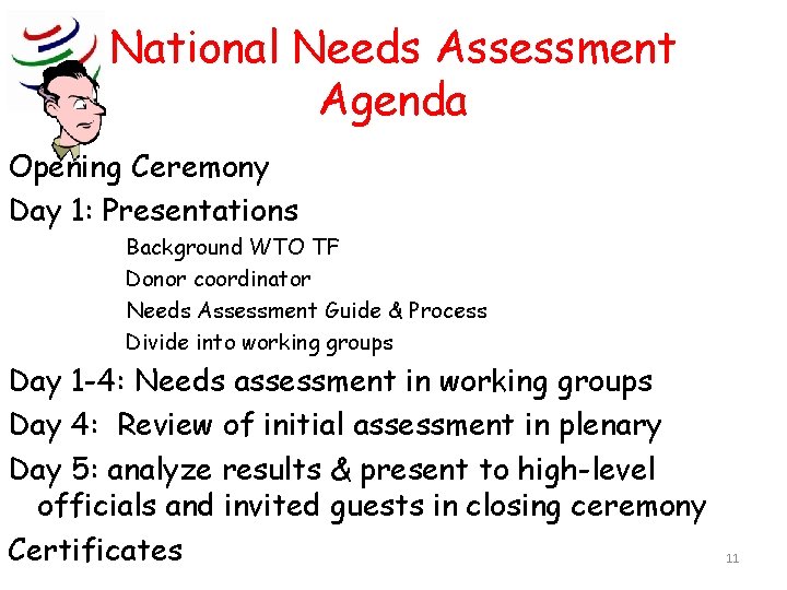 National Needs Assessment Agenda Opening Ceremony Day 1: Presentations Background WTO TF Donor coordinator