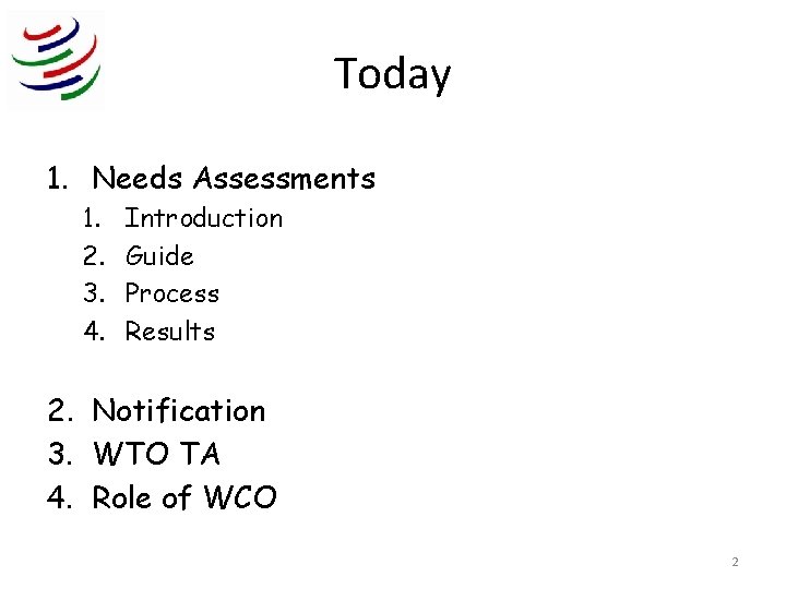 Today 1. Needs Assessments 1. 2. 3. 4. Introduction Guide Process Results 2. Notification