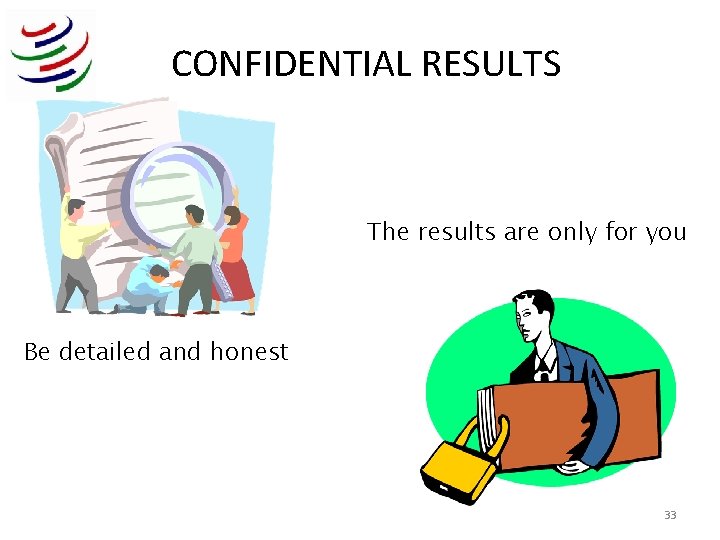 CONFIDENTIAL RESULTS The results are only for you Be detailed and honest 33 