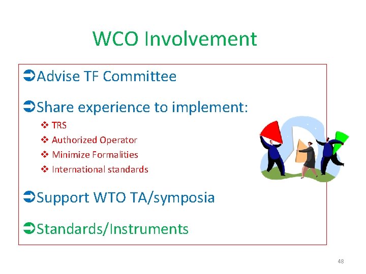 WCO Involvement Advise TF Committee Share experience to implement: v TRS v Authorized Operator