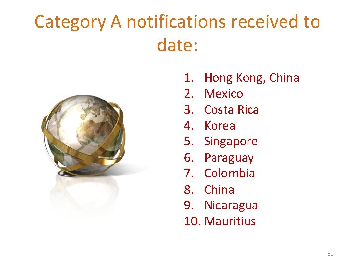 Category A notifications received to date: 1. Hong Kong, China 2. Mexico 3. Costa