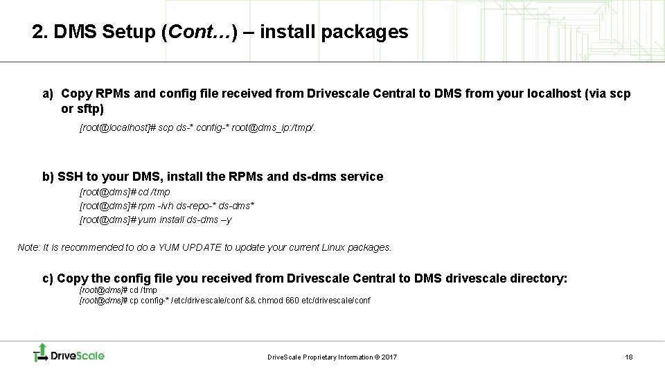 2. DMS Setup (Cont…) – install packages a) Copy RPMs and config file received