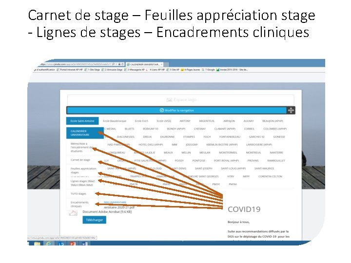 Carnet de stage – Feuilles appréciation stage - Lignes de stages – Encadrements cliniques