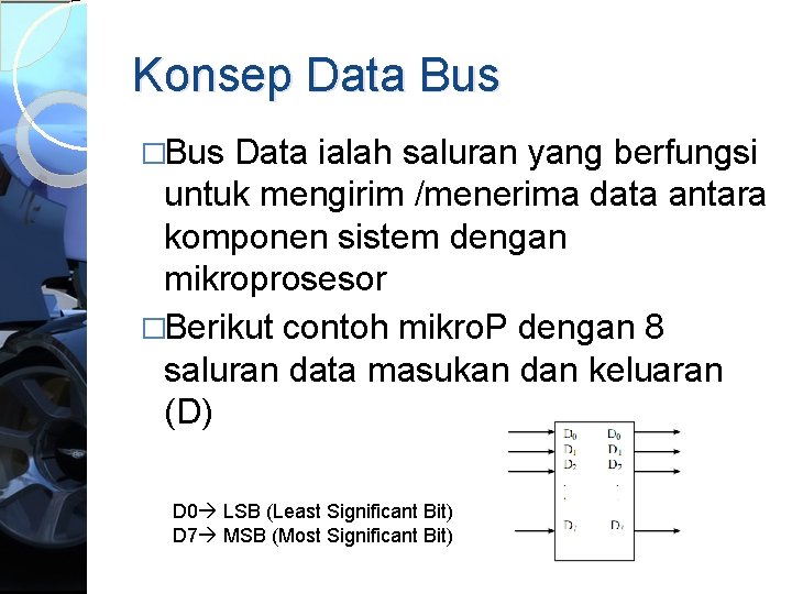 Konsep Data Bus �Bus Data ialah saluran yang berfungsi untuk mengirim /menerima data antara