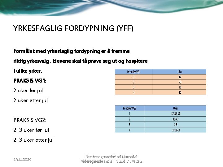 YRKESFAGLIG FORDYPNING (YFF) Formålet med yrkesfaglig fordypning er å fremme riktig yrkesvalg. Elevene skal YRKESFAGLIG FORDYPNING (YFF) Formålet med yrkesfaglig fordypning er å fremme riktig yrkesvalg. Elevene skal