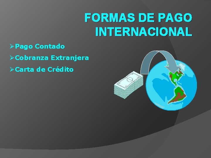 FORMAS DE PAGO INTERNACIONAL ØPago Contado ØCobranza Extranjera ØCarta de Crédito 