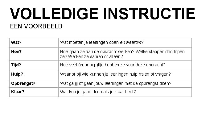 VOLLEDIGE INSTRUCTIE EEN VOORBEELD Wat? Wat moeten je leerlingen doen en waarom? Hoe gaan