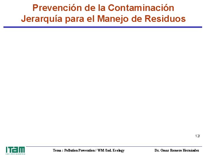 Prevención de la Contaminación Jerarquía para el Manejo de Residuos 12/ Tema : Pollution
