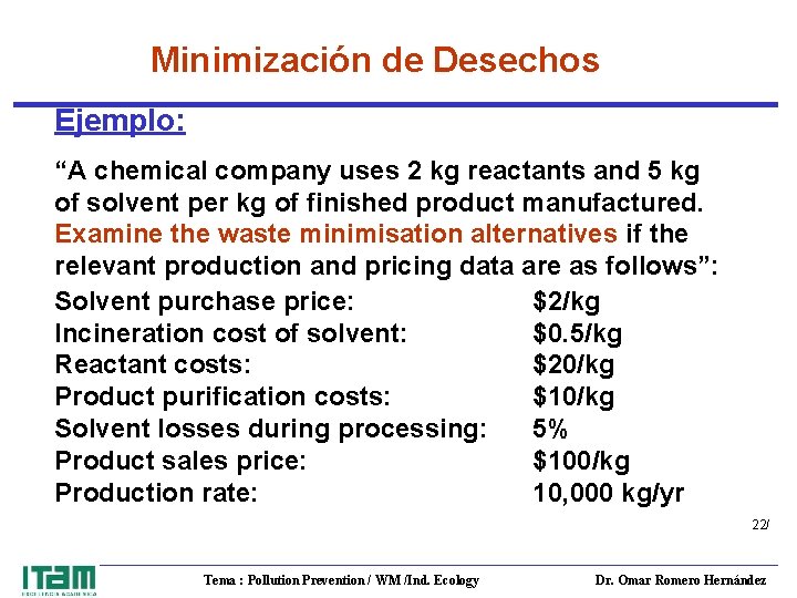 Minimización de Desechos Ejemplo: “A chemical company uses 2 kg reactants and 5 kg