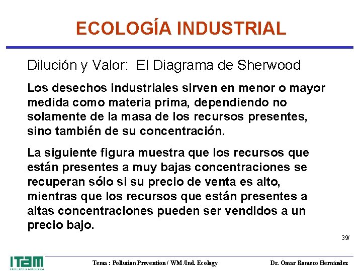ECOLOGÍA INDUSTRIAL Dilución y Valor: El Diagrama de Sherwood Los desechos industriales sirven en