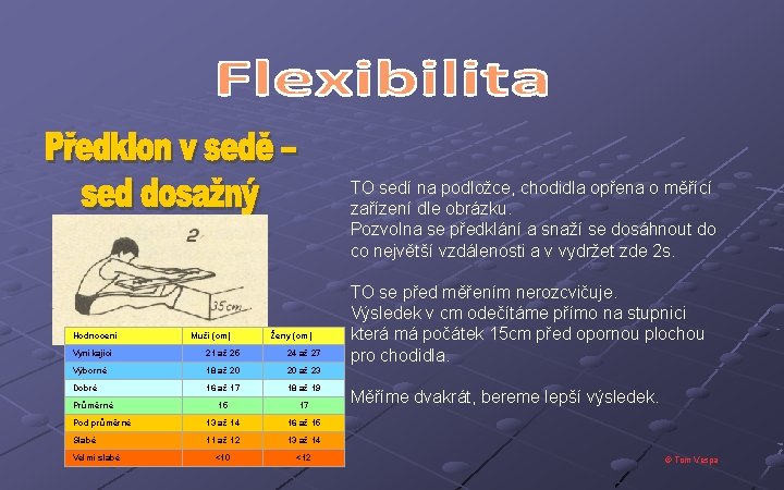 TO sedí na podložce, chodidla opřena o měřící zařízení dle obrázku. Pozvolna se předklání