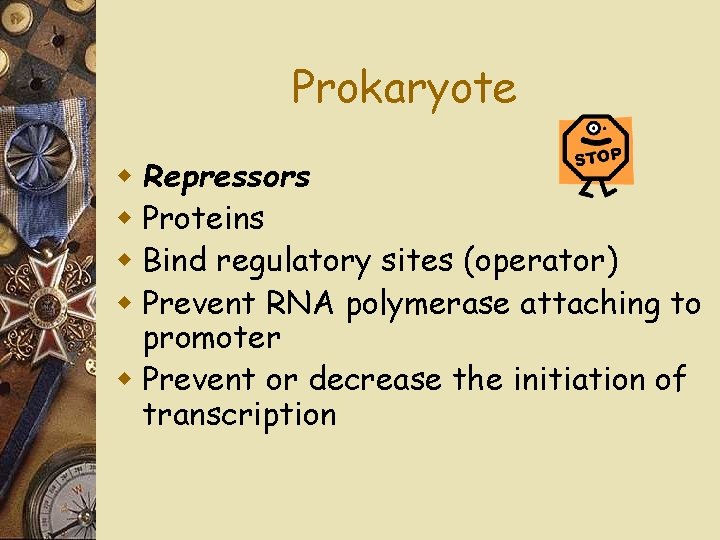 Prokaryote w Repressors w Proteins w Bind regulatory sites (operator) w Prevent RNA polymerase