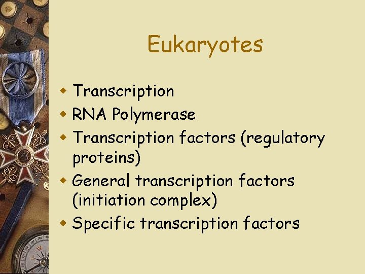 Eukaryotes w Transcription w RNA Polymerase w Transcription factors (regulatory proteins) w General transcription