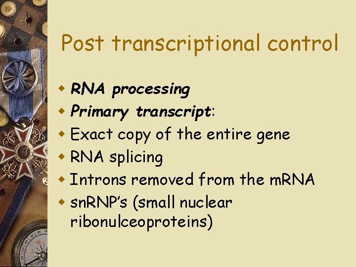 Post transcriptional control w RNA processing w Primary transcript: w Exact copy of the