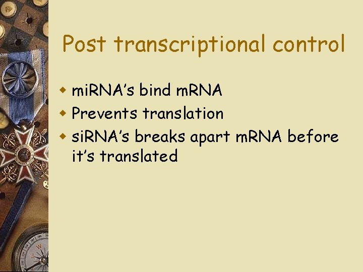 Post transcriptional control w mi. RNA’s bind m. RNA w Prevents translation w si.