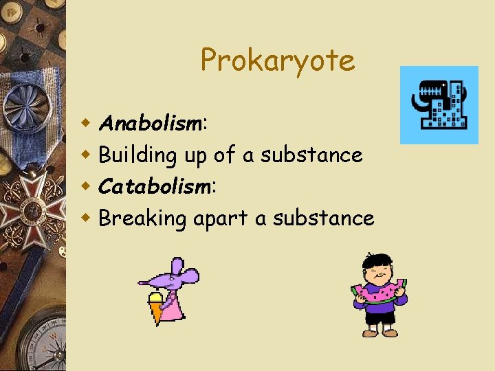 Prokaryote w Anabolism: w Building up of a substance w Catabolism: w Breaking apart