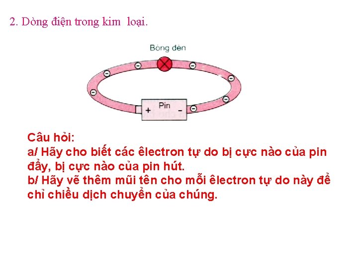 2. Dòng điện trong kim loại. Câu hỏi: a/ Hãy cho biết các êlectron