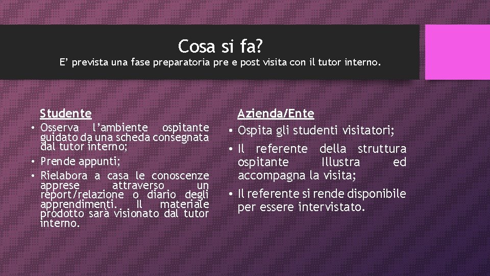 Cosa si fa? E’ prevista una fase preparatoria pre e post visita con il