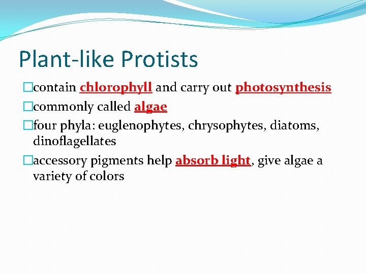 Plant-like Protists �contain chlorophyll and carry out photosynthesis �commonly called algae �four phyla: euglenophytes,