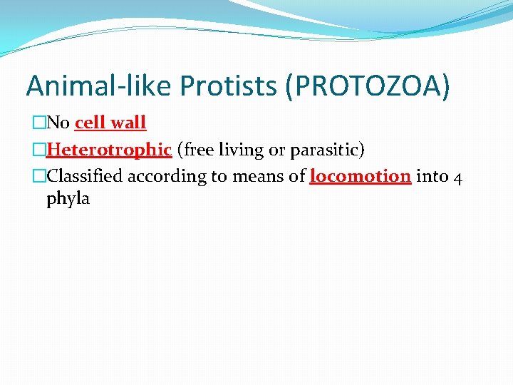 Animal-like Protists (PROTOZOA) �No cell wall �Heterotrophic (free living or parasitic) �Classified according to