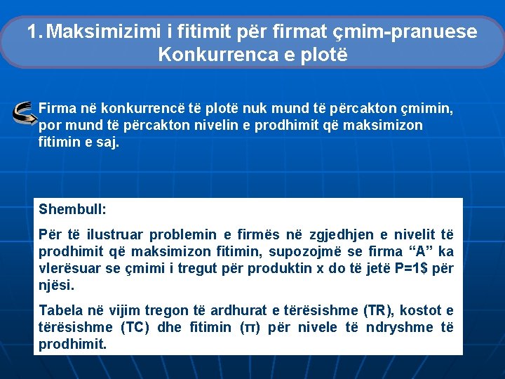 1. Maksimizimi i fitimit për firmat çmim-pranuese Konkurrenca e plotë Firma në konkurrencë të