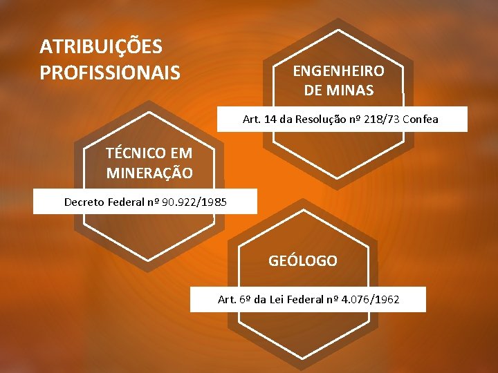ATRIBUIÇÕES PROFISSIONAIS ENGENHEIRO DE MINAS Art. 14 da Resolução nº 218/73 Confea TÉCNICO EM