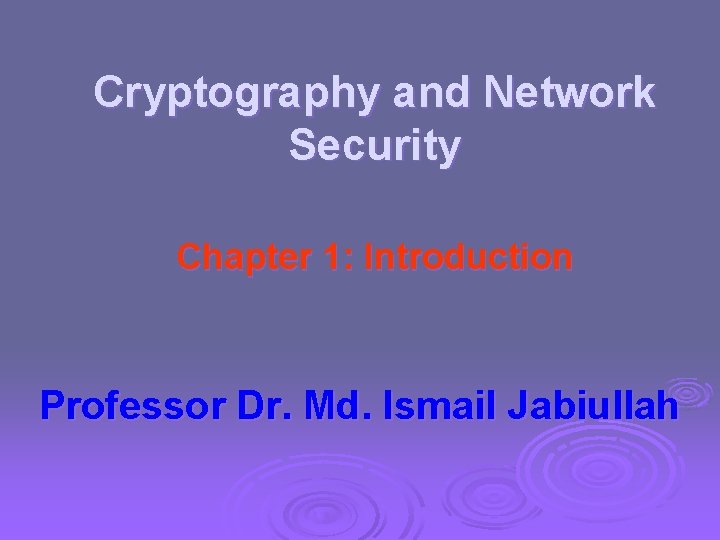 Cryptography and Network Security Chapter 1: Introduction Professor Dr. Md. Ismail Jabiullah 