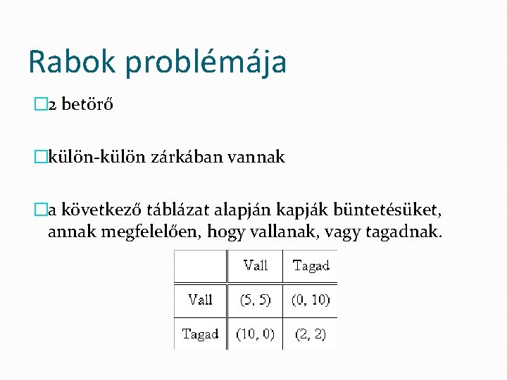 Rabok problémája � 2 betörő �külön zárkában vannak �a következő táblázat alapján kapják büntetésüket,