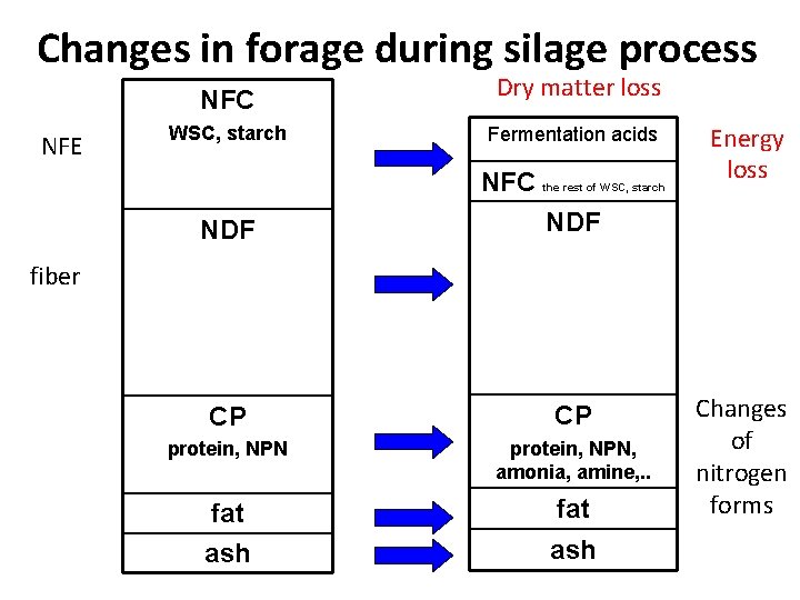 Changes in forage during silage process NFC NFE Dry matter loss WSC, starch Fermentation