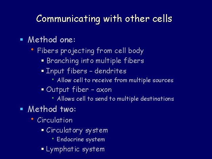 Communicating with other cells § Method one: • Fibers projecting from cell body §