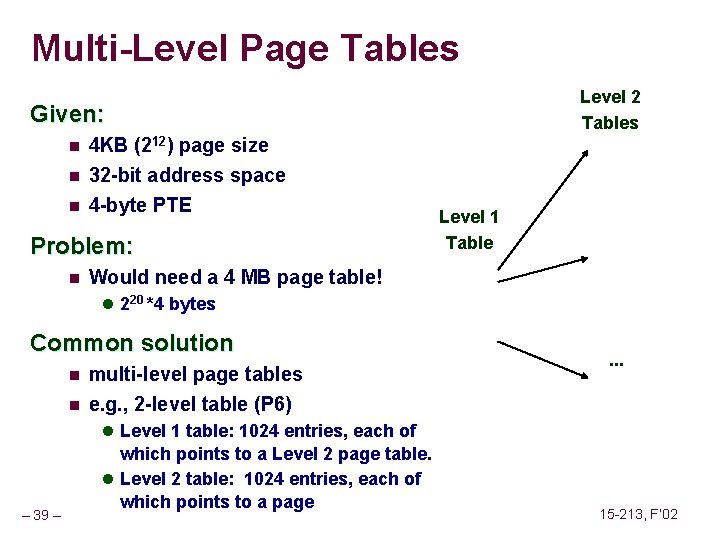 Multi-Level Page Tables Level 2 Tables Given: n 4 KB (212) page size n