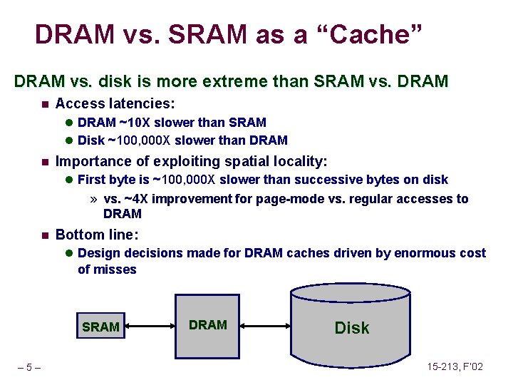 DRAM vs. SRAM as a “Cache” DRAM vs. disk is more extreme than SRAM