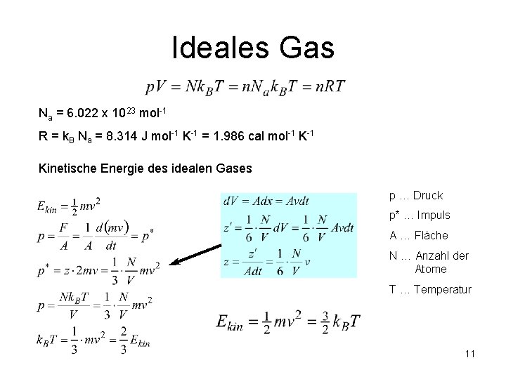 Ideales Gas Na = 6. 022 x 1023 mol-1 R = k. B Na