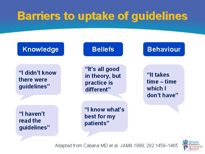 Barriers to uptake of guidelines Knowledge “I didn’t know there were guidelines” “I haven’t