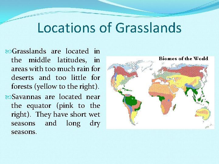 Locations of Grasslands are located in the middle latitudes, in areas with too much