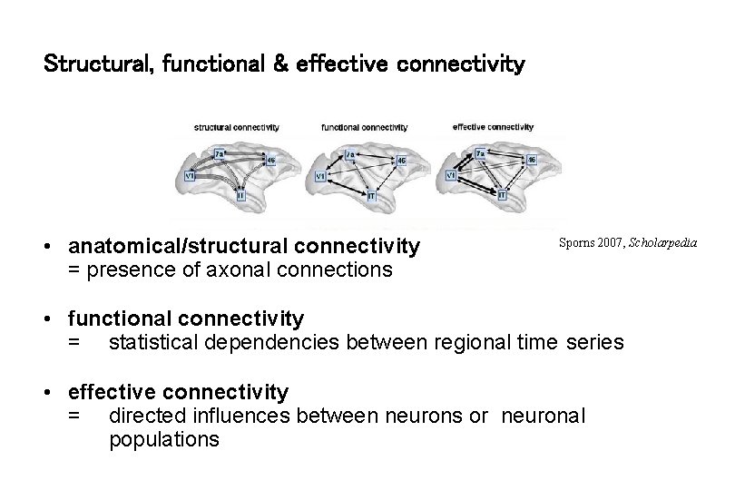 Structural, functional & effective connectivity • anatomical/structural connectivity = presence of axonal connections Sporns