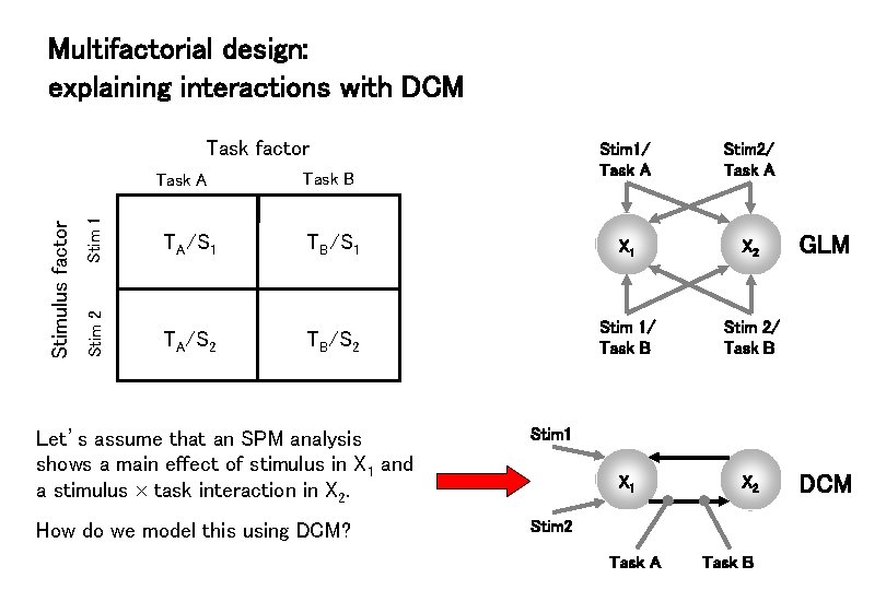 Multifactorial design: explaining interactions with DCM Task factor Stim 1 Task B Stim 2/