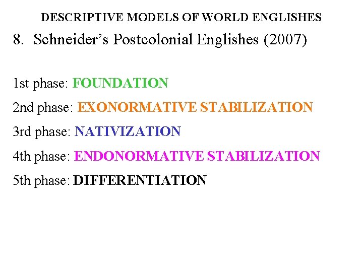 DESCRIPTIVE MODELS OF WORLD ENGLISHES 8. Schneider’s Postcolonial Englishes (2007) 1 st phase: FOUNDATION